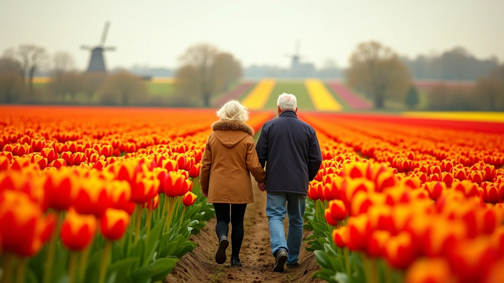 Bloembollenvelden in de Bollenstreek met rijen rode en gele tulpen