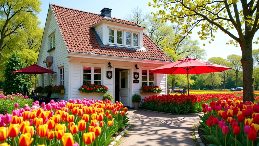 Traditioneel Nederlands café met terras omgeven door kleurrijke bloembollenvelden