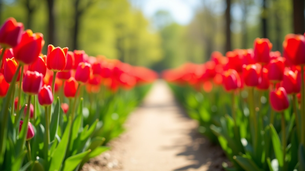 Bloemenpad in het Keukenhof met gekleurde tulpen aan beide zijden