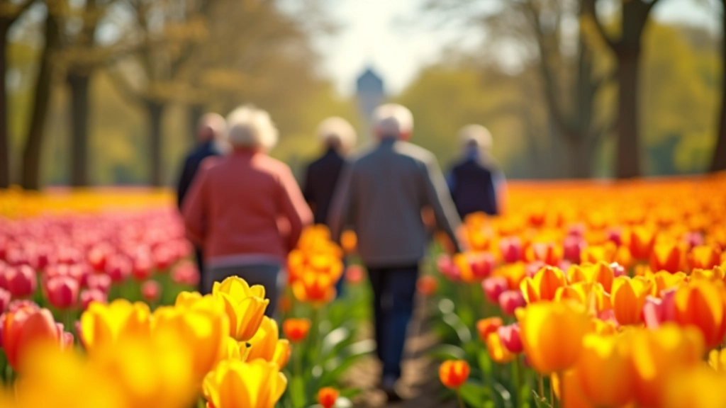 Groep senioren wandelt door bloemenveld