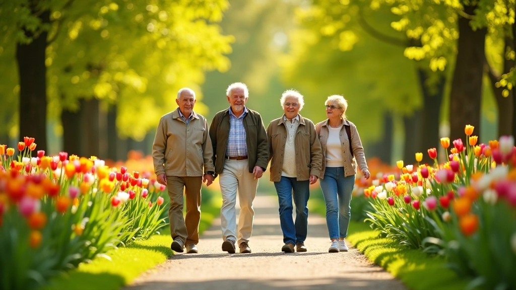 Senioren wandelen samen door groen park