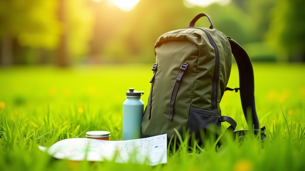 Goed verpakte wandelrugzak met waterfles, snacks en wandelkaart op een groen gras
