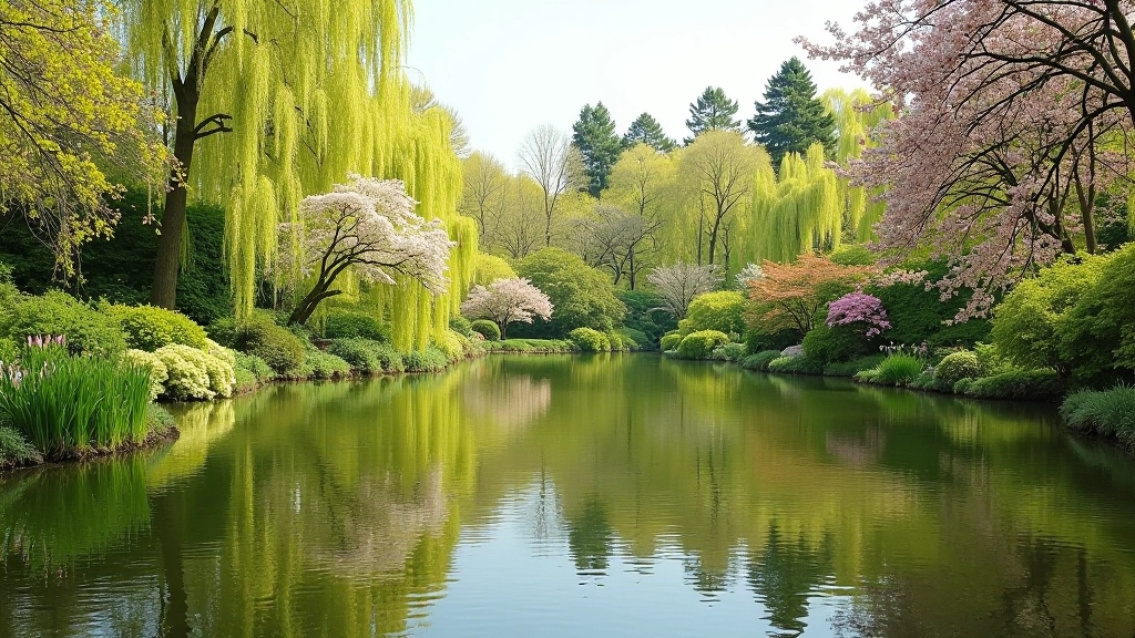Rustig watergebied in het Keukenhof met bomen en bloemen eromheen