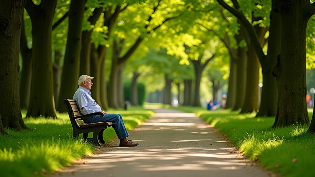 Rustig parkpad met bankjes en groene bomen, ideaal voor senioren