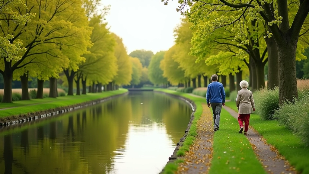 Rustig kanaalpad met water aan beide zijden, bomen en vogelvogelschuilen langs de oevers