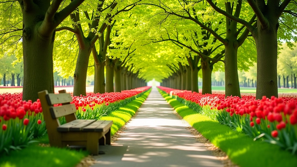 Breed parkpad langs tulpenvelden met bankje en groene bomen aan beide zijden