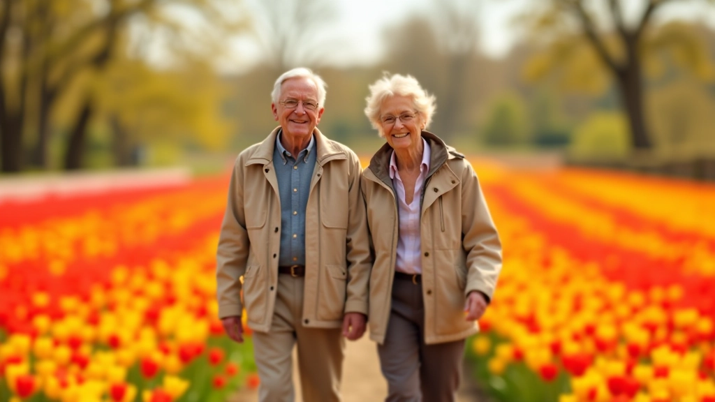 Senioren wandelen door kleurrijke tulpenvelden in de Bollenstreek op een zonnige lente-ochtend