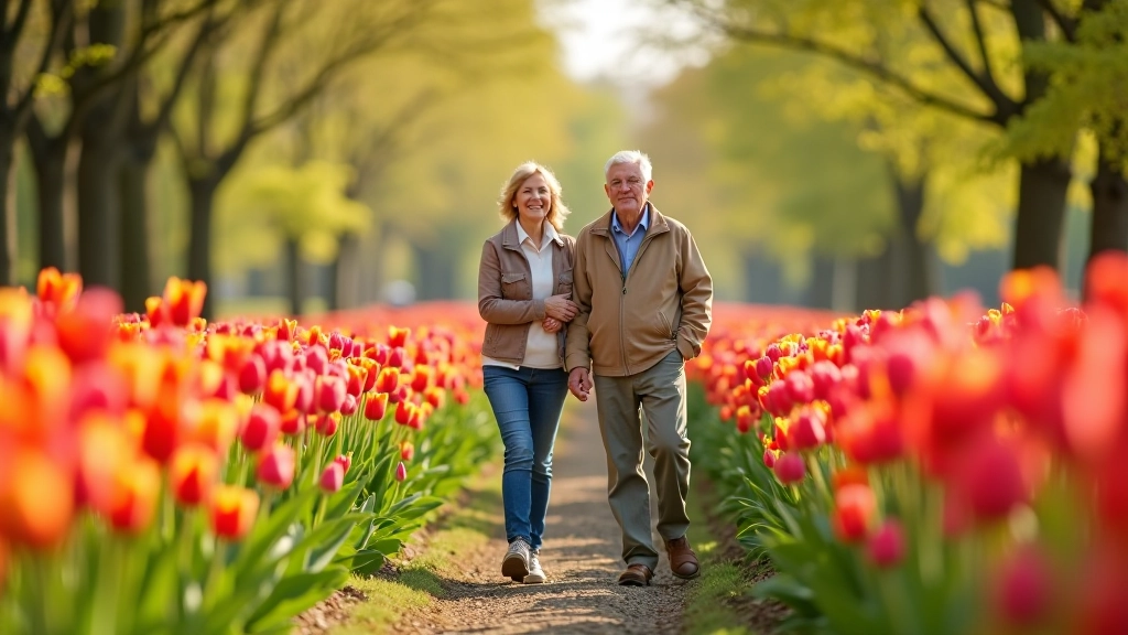 Gepensioneerden wandelen langs kleurrijke tulpenvelden in de Bollenstreek