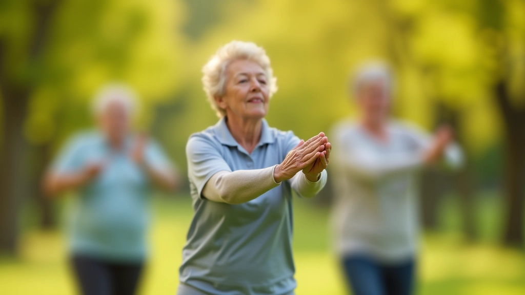 Seniorengroep doet stretching en opwarmingsoefeningen voor een wandeling