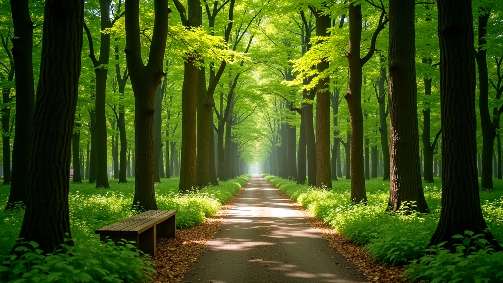 Rustig bospad met zachte grond, hoge bomen die schaduw geven, houten bank met uitzicht op meer
