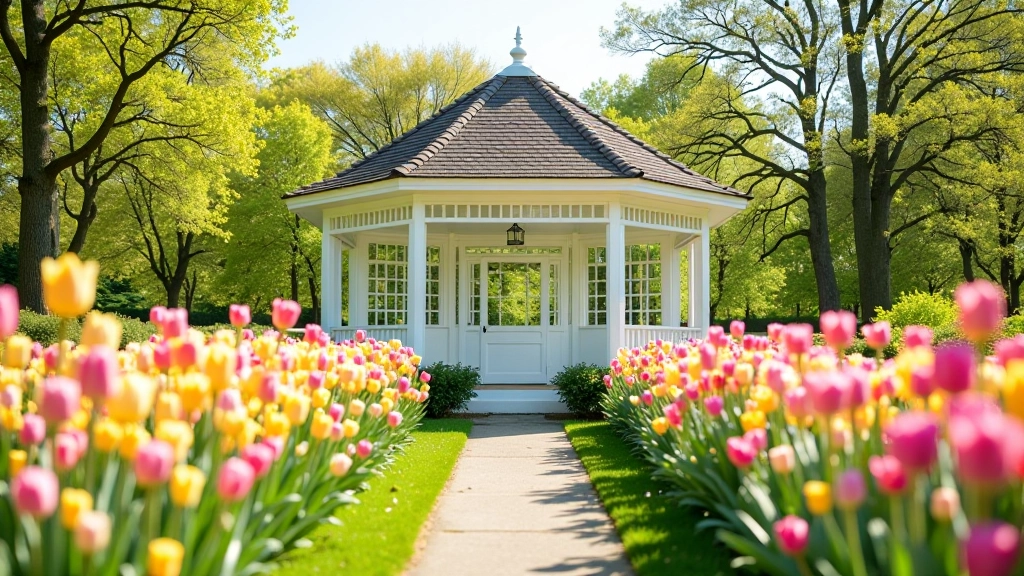 Het Keukenhof paviljoen omgeven door kleurrijke voorjaarsbloeiers