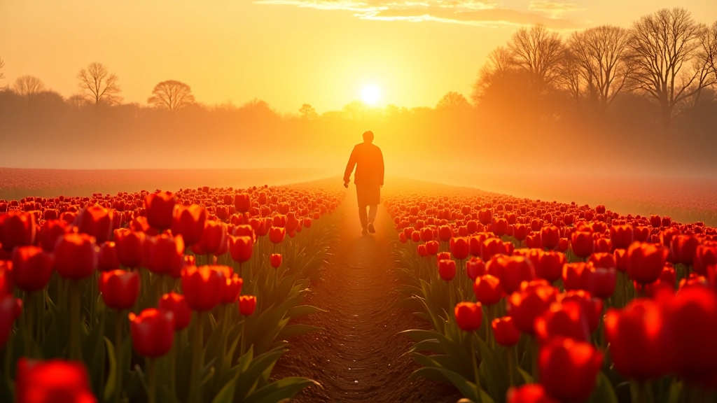 Zonsopgang boven bloembollenvelden met lange schaduwen op de paden