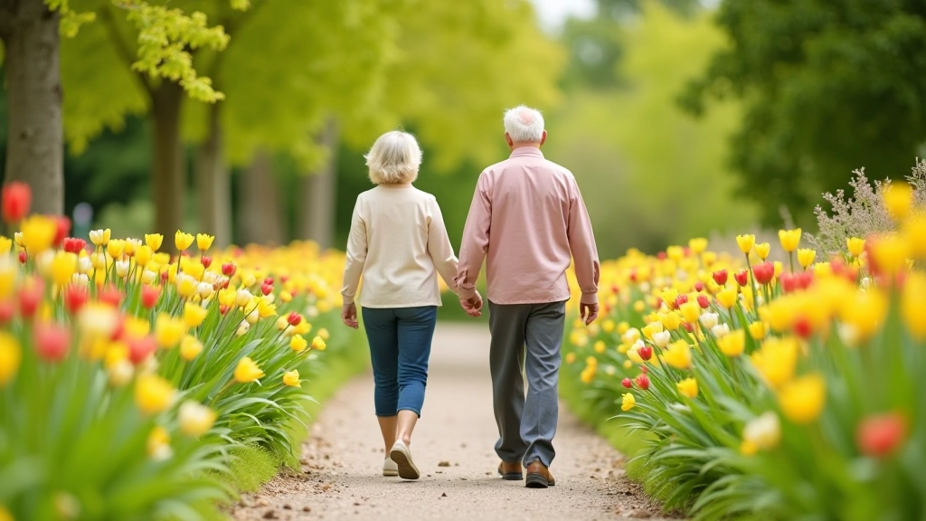 Twee senioren wandelen samen op een bloemenppad in het Keukenhof