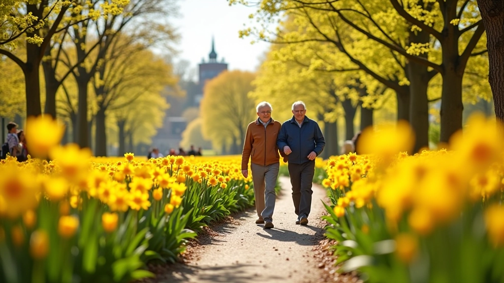 Kleurrijke bloemen in het Keukenhof park met wandelaars op een zonnige dag